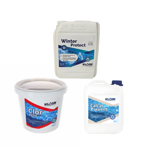 Pachet solutii iernare piscina, Winter protect, Clor granule, Anticalcar, Kloer, 15 kg