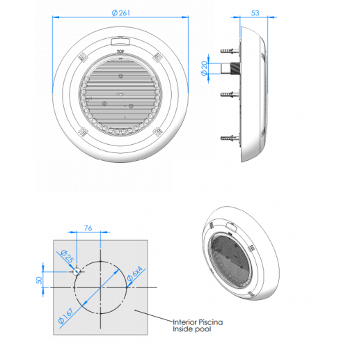 Proiector plat cu LED ALB LumiPlus S-lim, 16W, cu suport prindere pentru liner - AstralPool 56032