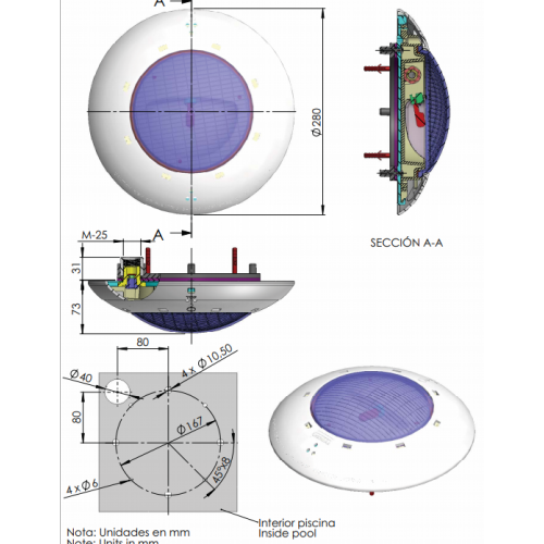 Proiector plat cu halogen, 100W, cu suport de prindere pentru toate tipurile de piscine - AstralPool 43452